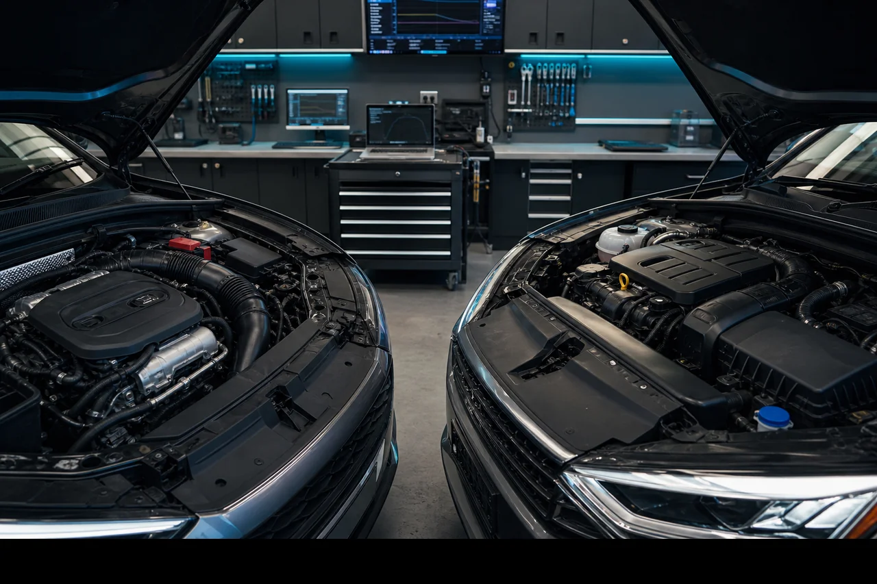 Diagnostic laptop connected to a modern turbocharged engine ECU during remapping suitability check at Finish Line Remaps Lancashire