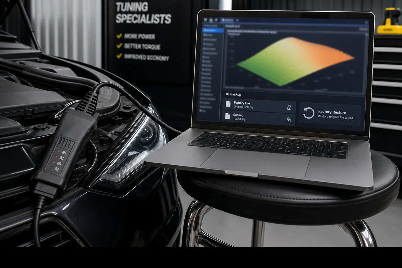 ECU OBD read session with laptop for factory file backup before custom remapping at Finish Line Remaps Lancashire