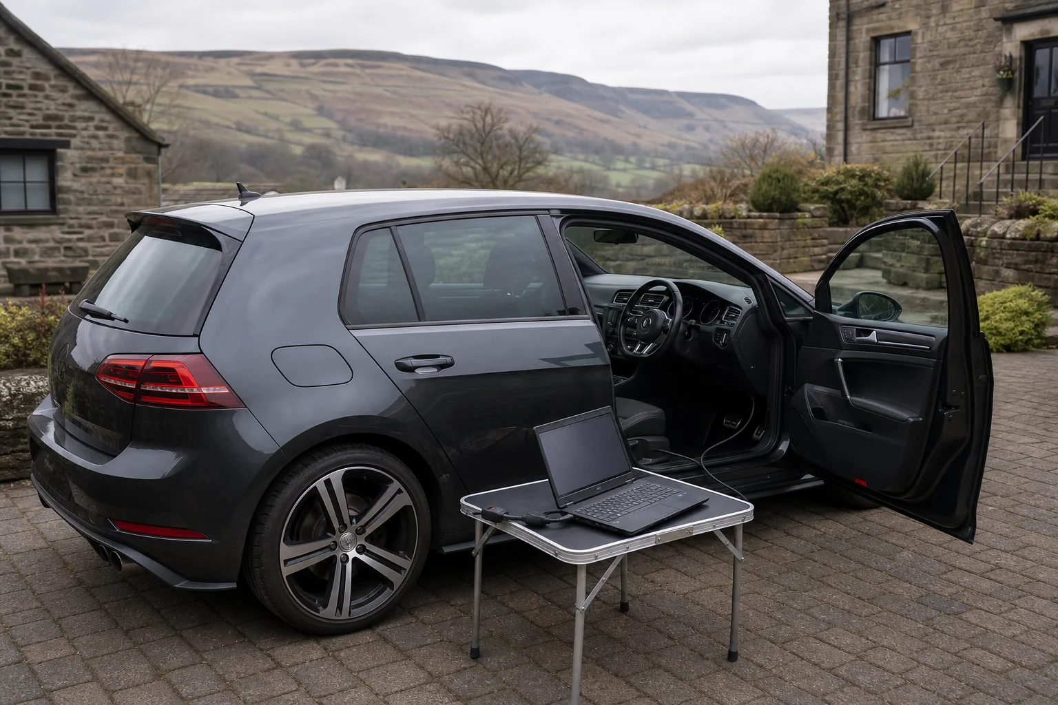 Professional ECU diagnostic setup on a right-hand drive Volkswagen in Lancashire