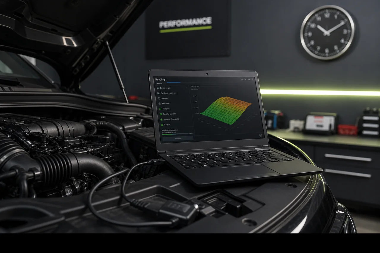 ECU remapping session in progress with diagnostic laptop in a UK tuning workshop at Finish Line Remaps Lancashire