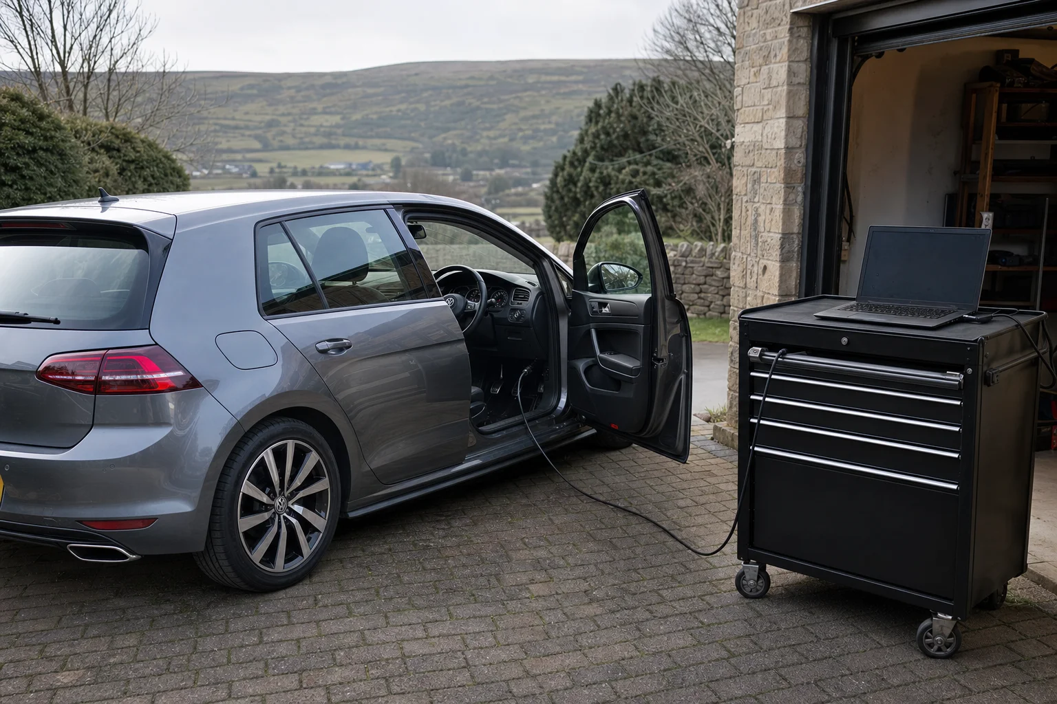 Mobile ECU remapping equipment set up on a residential driveway in Lancashire