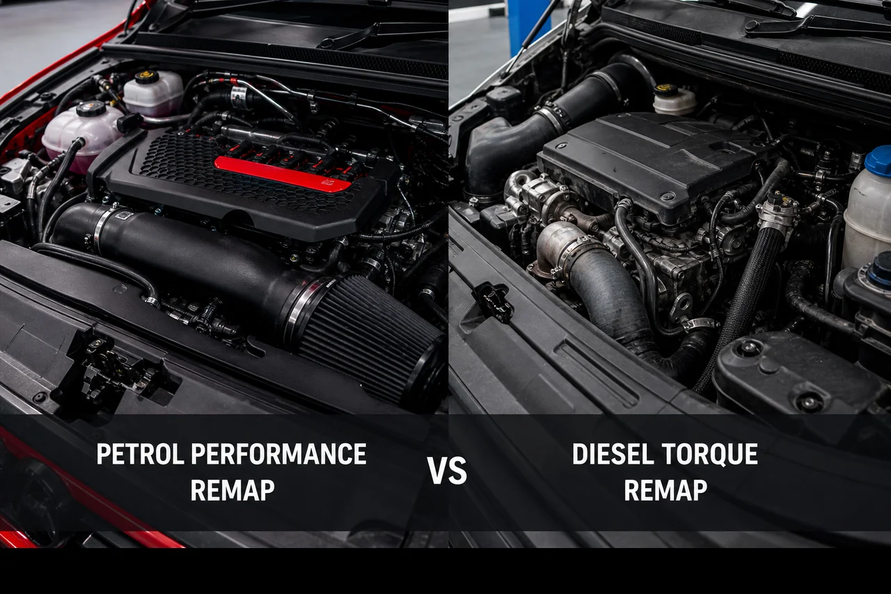 Side by side turbo petrol and diesel engine bays prepared for ECU remapping at Finish Line Remaps Lancashire