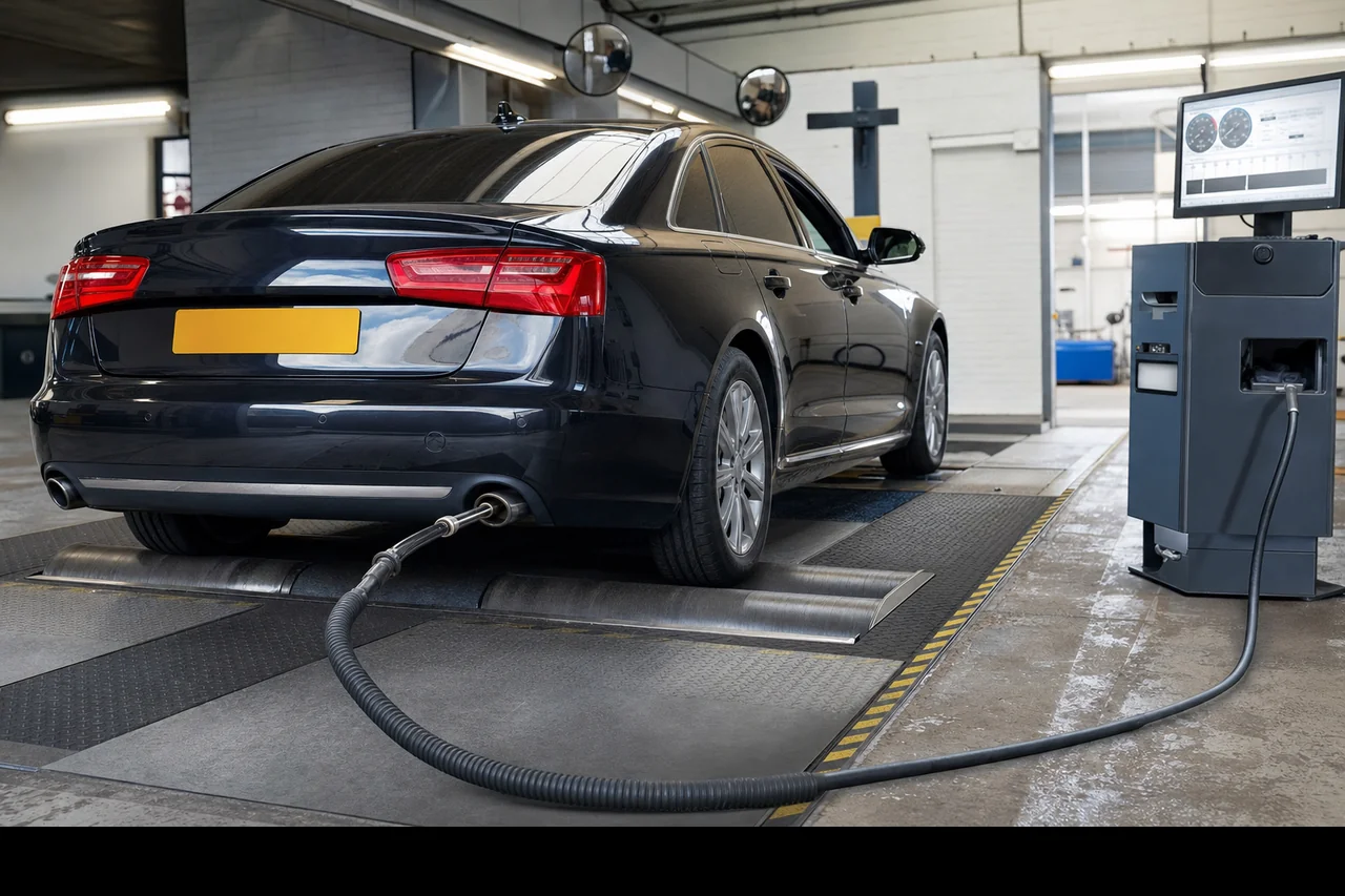 Car on MOT emissions rolling road with exhaust probe in a UK garage test lane