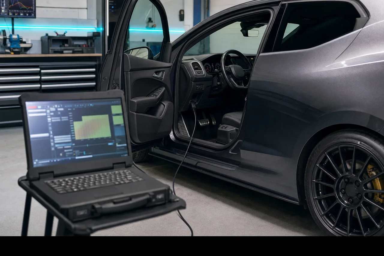 Workshop remap appointment with OBD diagnostic laptop connected to a right-hand drive car at Finish Line Remaps Lancashire