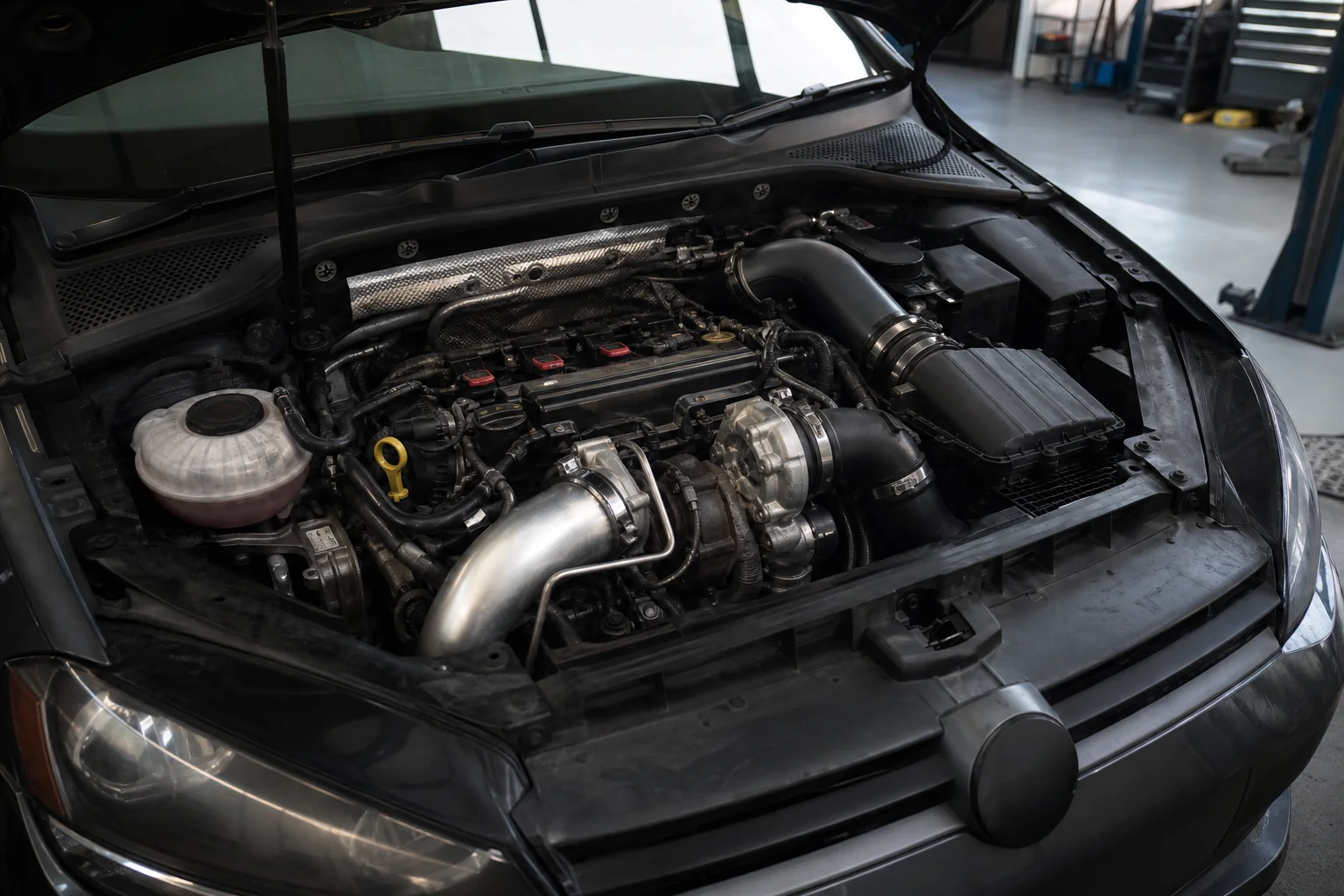 Volkswagen turbo engine bay in a professional UK remapping workshop