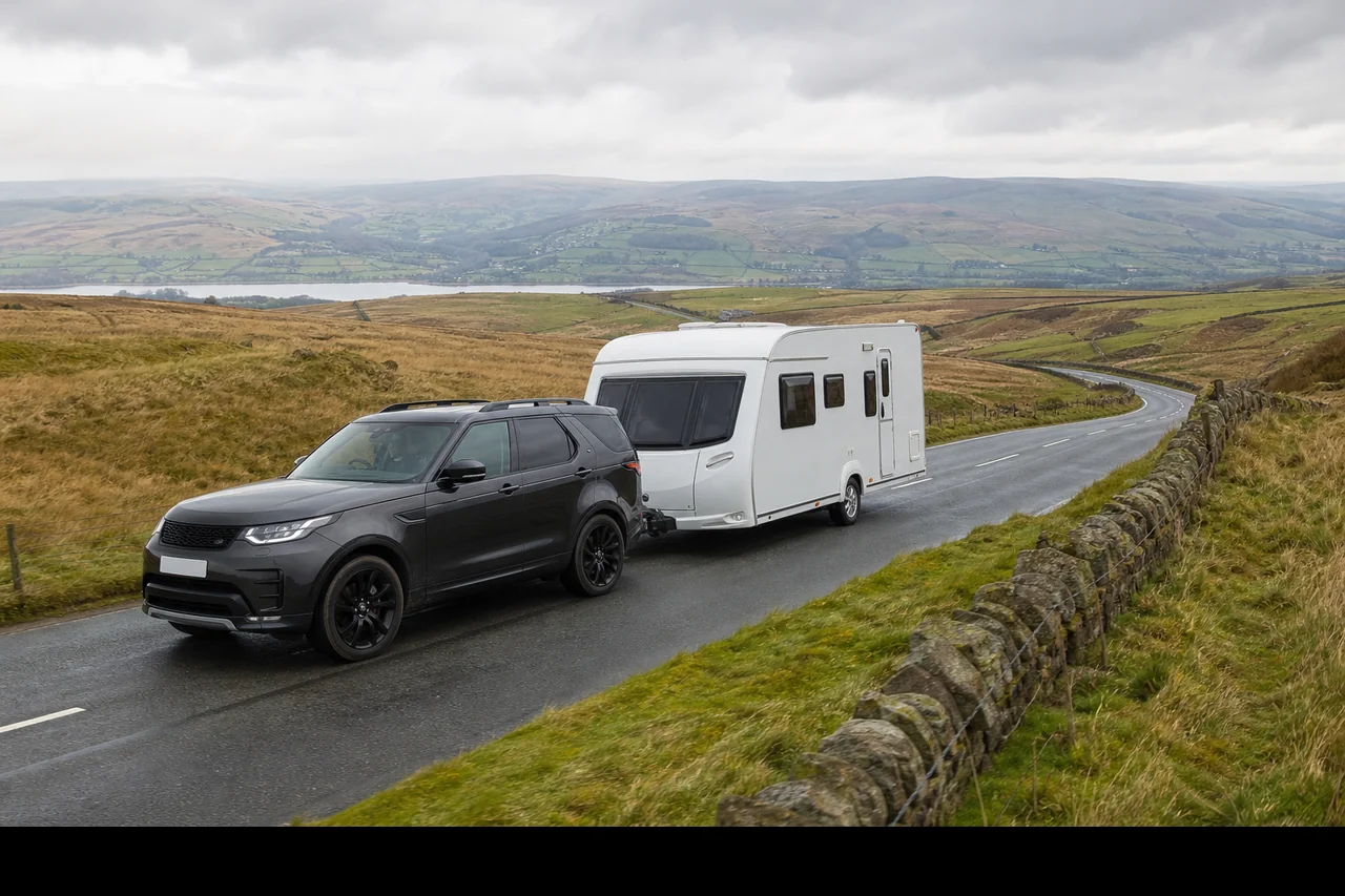 Diesel tow car pulling a caravan on a Lancashire A-road hill climb after ECU remap at Finish Line Remaps