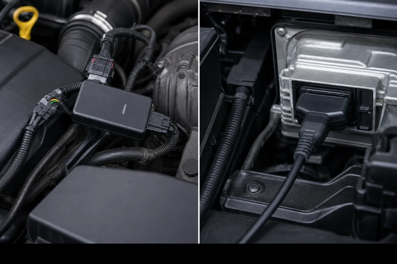 Engine bay comparison of plug-in tuning box wiring versus OBD ECU remap flash cable at Finish Line Remaps Lancashire